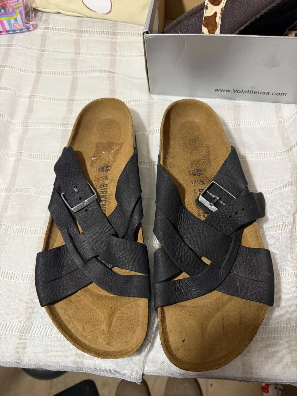 Birkenstock Men's Black Crisscross Leather Buckle Slides